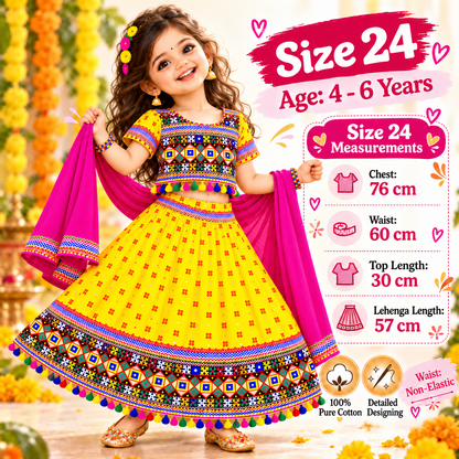 Girls Yellow Pure Cotton Ghagra Choli Set with Rani Pink Dupatta – Traditional Navratri Lehenga