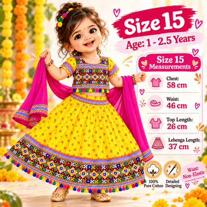 Girls Yellow Pure Cotton Ghagra Choli Set with Rani Pink Dupatta – Traditional Navratri Lehenga