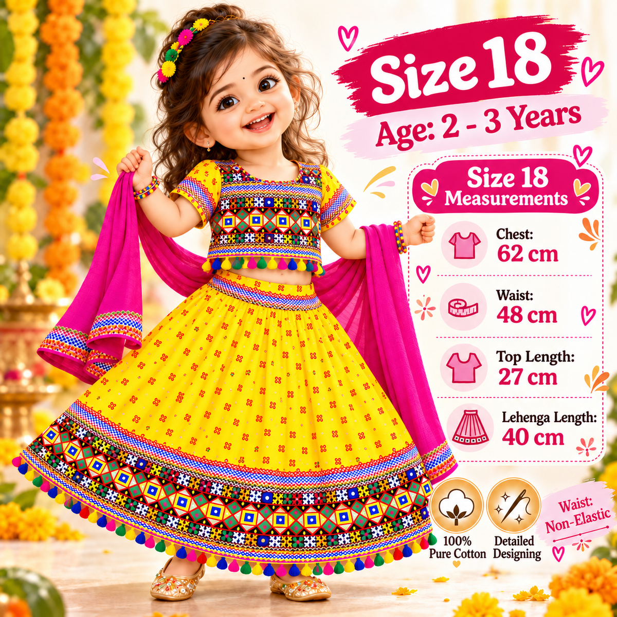 Girls Yellow Pure Cotton Ghagra Choli Set with Rani Pink Dupatta – Traditional Navratri Lehenga