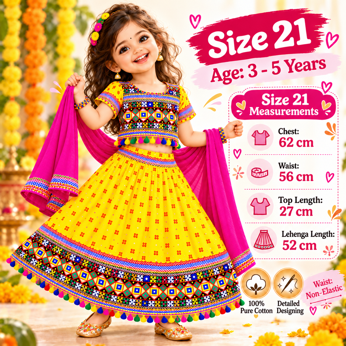 Girls Yellow Pure Cotton Ghagra Choli Set with Rani Pink Dupatta – Traditional Navratri Lehenga