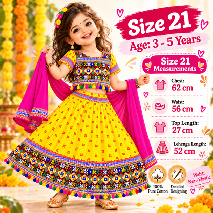 Girls Yellow Pure Cotton Ghagra Choli Set with Rani Pink Dupatta – Traditional Navratri Lehenga