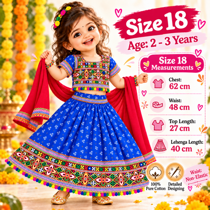 Girls Royal Blue Pure Cotton Ghagra Choli Set with Red Dupatta – Traditional Navratri Lehenga