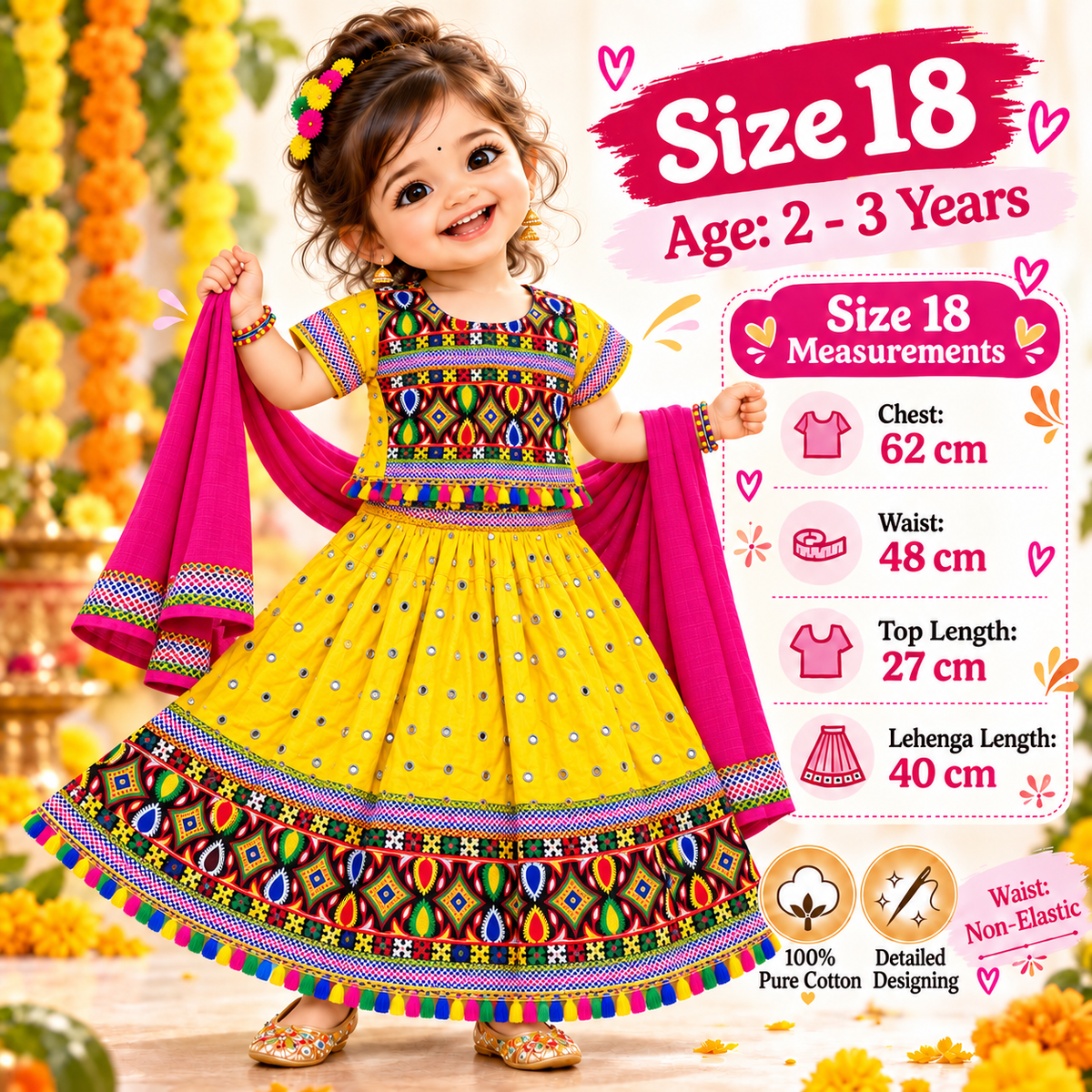 Girls Yellow Multicolor Mirror Work Pure Cotton Lehenga Choli Set with Pink Dupatta