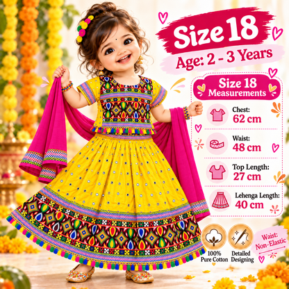 Girls Yellow Multicolor Mirror Work Pure Cotton Lehenga Choli Set with Pink Dupatta