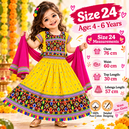 Girls Yellow Multicolor Mirror Work Pure Cotton Lehenga Choli Set with Pink Dupatta