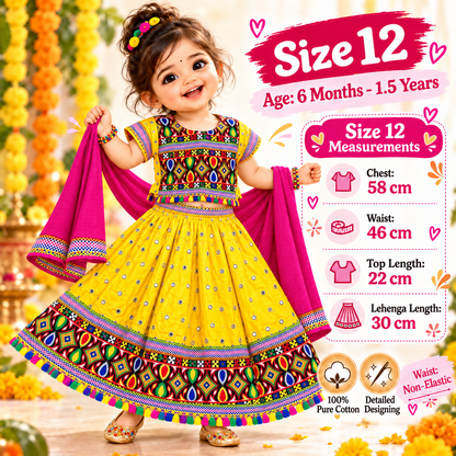 Girls Yellow Multicolor Mirror Work Pure Cotton Lehenga Choli Set with Pink Dupatta