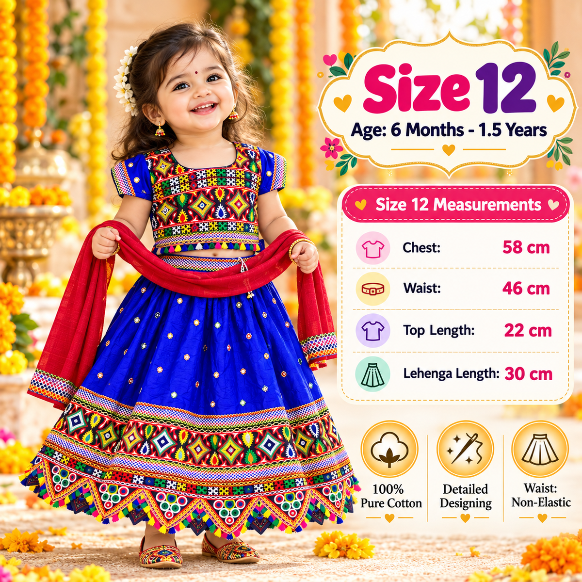 Girls Royal Blue Multicolor Pure Cotton Garba Lehenga Choli Set with Red Dupatta