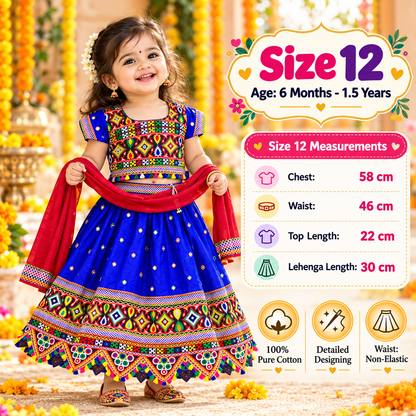 Girls Royal Blue Multicolor Pure Cotton Garba Lehenga Choli Set with Red Dupatta