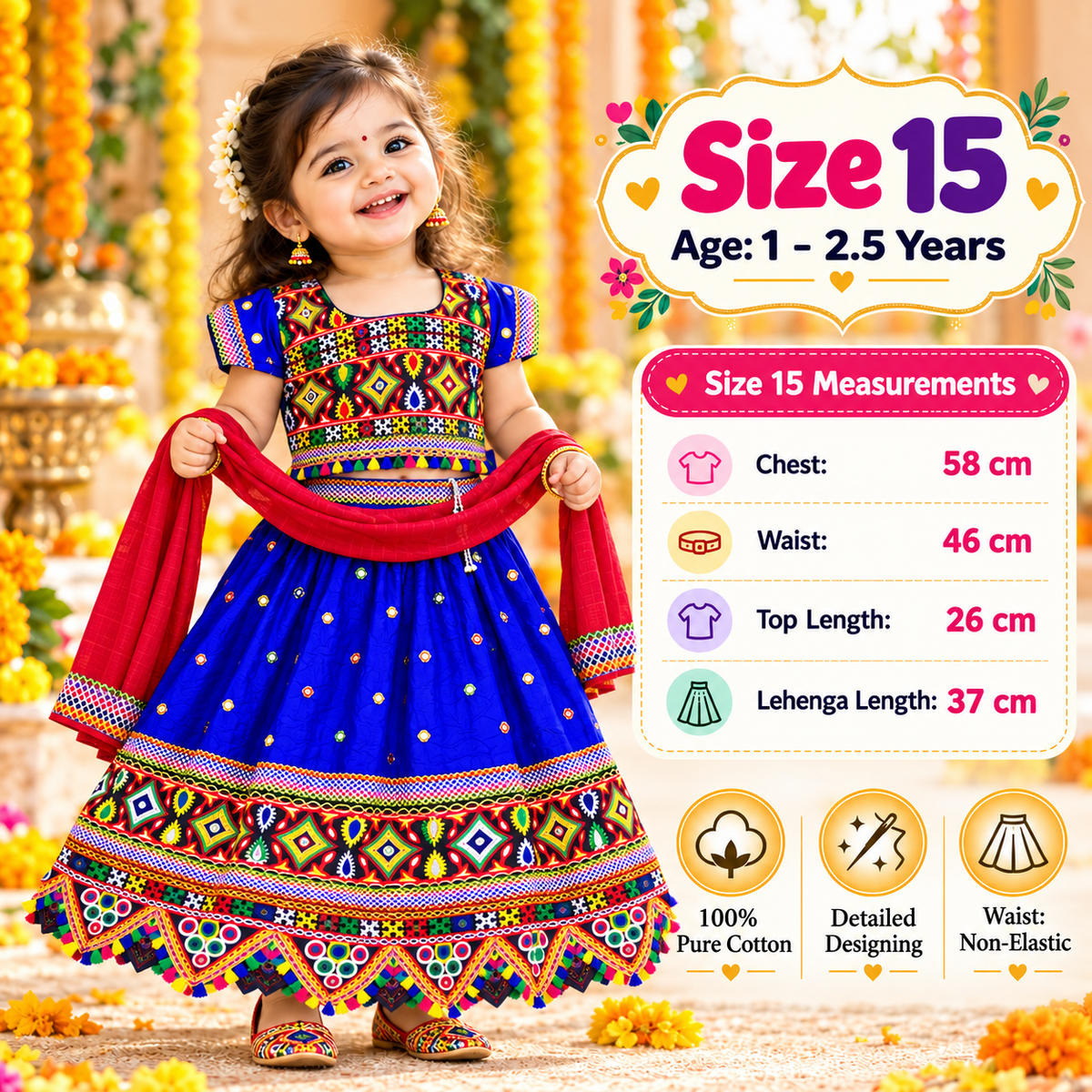 Girls Royal Blue Multicolor Pure Cotton Garba Lehenga Choli Set with Red Dupatta