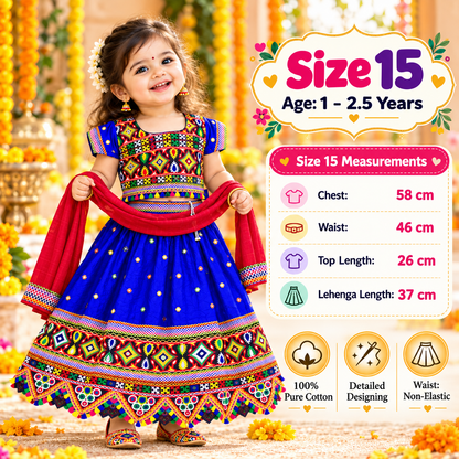 Girls Royal Blue Multicolor Pure Cotton Garba Lehenga Choli Set with Red Dupatta