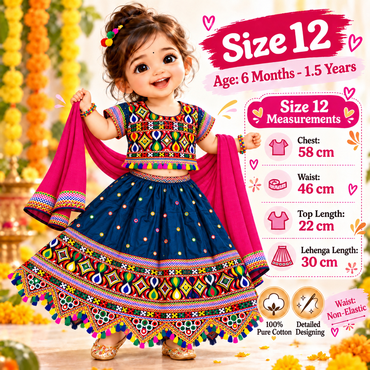 Girls Teal Blue Multicolor Pure Cotton Garba Lehenga Choli Set with Pink Dupatta