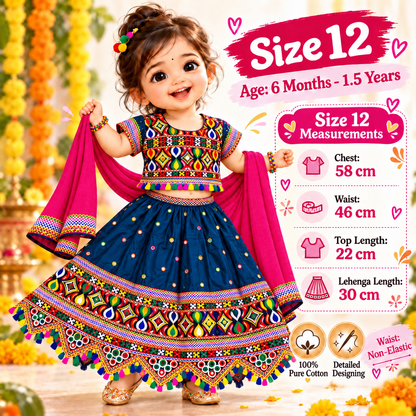 Girls Teal Blue Multicolor Pure Cotton Garba Lehenga Choli Set with Pink Dupatta