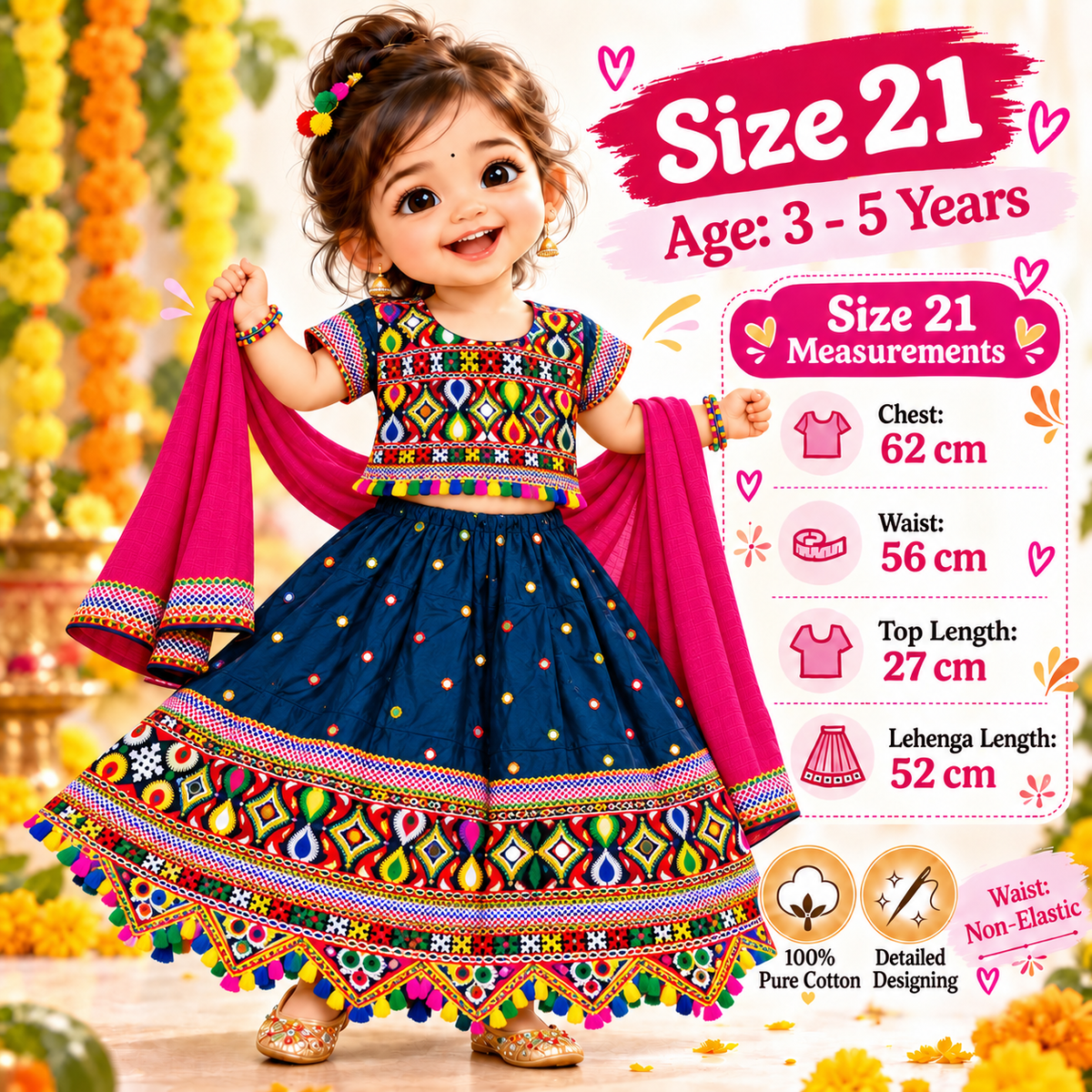 Girls Teal Blue Multicolor Pure Cotton Garba Lehenga Choli Set with Pink Dupatta