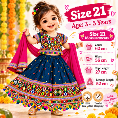Girls Teal Blue Multicolor Pure Cotton Garba Lehenga Choli Set with Pink Dupatta