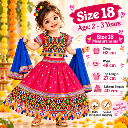 Girls Pink Multicolor Pure Cotton Mirror Work Lehenga Choli Set with Blue Dupatta