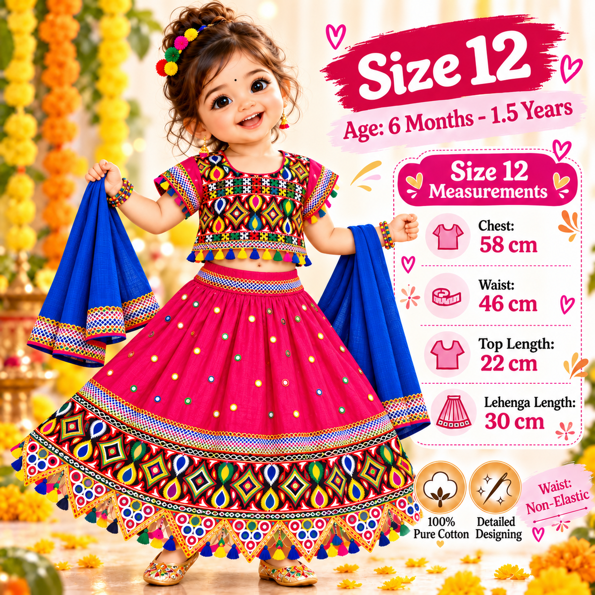 Girls Pink Multicolor Pure Cotton Garba Lehenga Choli Set with Royal Blue Dupatta