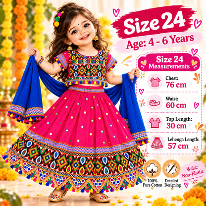 Girls Pink Multicolor Pure Cotton Garba Lehenga Choli Set with Royal Blue Dupatta