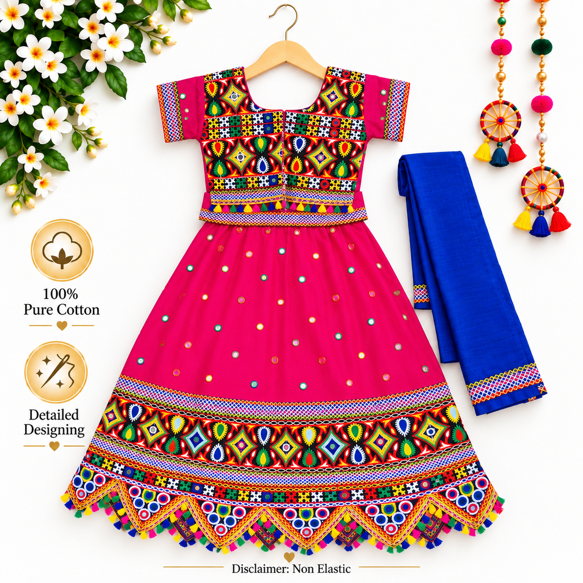Girls Pink Multicolor Pure Cotton Garba Lehenga Choli Set with Royal Blue Dupatta