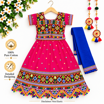 Girls Pink Multicolor Pure Cotton Garba Lehenga Choli Set with Royal Blue Dupatta