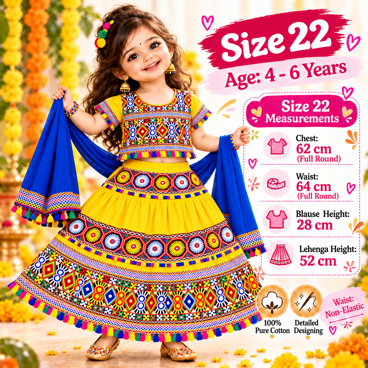 Girls Yellow Traditional Cotton Lehenga Choli Set with Blue Dupatta