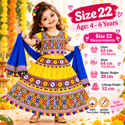 Girls Yellow Traditional Cotton Lehenga Choli Set with Blue Dupatta