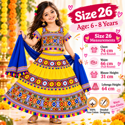 Girls Yellow Traditional Cotton Lehenga Choli Set with Blue Dupatta