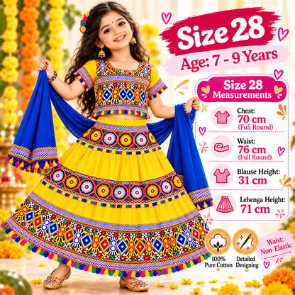 Girls Yellow Traditional Cotton Lehenga Choli Set with Blue Dupatta