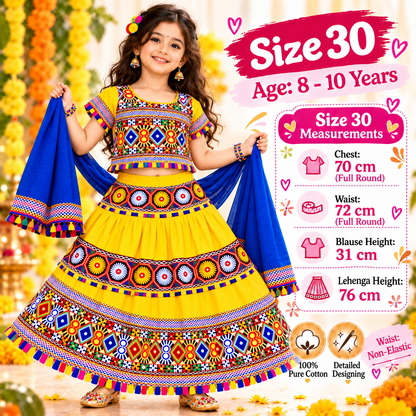 Girls Yellow Traditional Cotton Lehenga Choli Set with Blue Dupatta