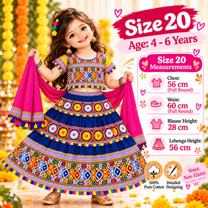 Girls Royal Blue Traditional Cotton Lehenga Choli Set with Pink Dupatta