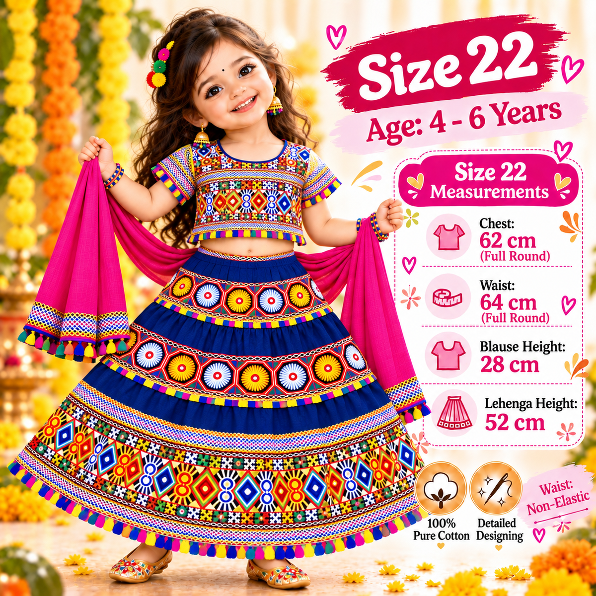 Girls Royal Blue Traditional Cotton Lehenga Choli Set with Pink Dupatta
