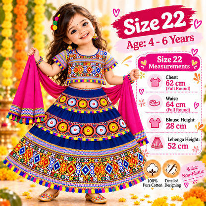 Girls Royal Blue Traditional Cotton Lehenga Choli Set with Pink Dupatta