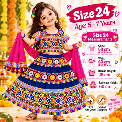 Girls Royal Blue Traditional Cotton Lehenga Choli Set with Pink Dupatta