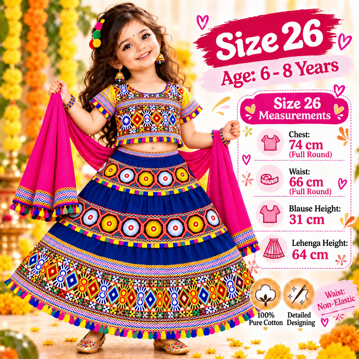 Girls Royal Blue Traditional Cotton Lehenga Choli Set with Pink Dupatta