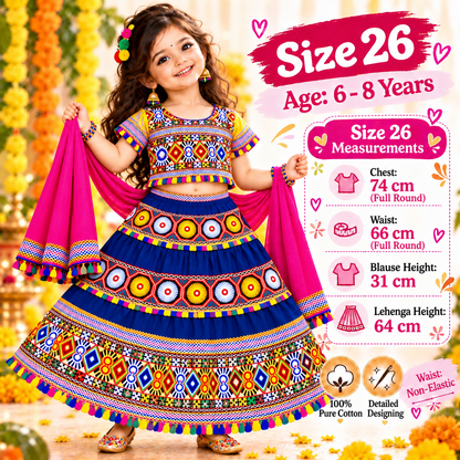 Girls Royal Blue Traditional Cotton Lehenga Choli Set with Pink Dupatta