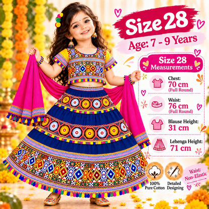 Girls Royal Blue Traditional Cotton Lehenga Choli Set with Pink Dupatta