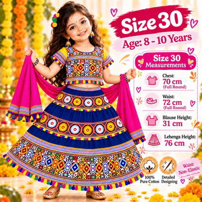 Girls Royal Blue Traditional Cotton Lehenga Choli Set with Pink Dupatta