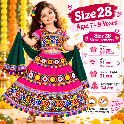 Girls Pink Traditional Cotton Lehenga Choli Set with Green Dupatta