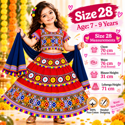 Girls Red Traditional Cotton Lehenga Choli Set with Black Dupatta
