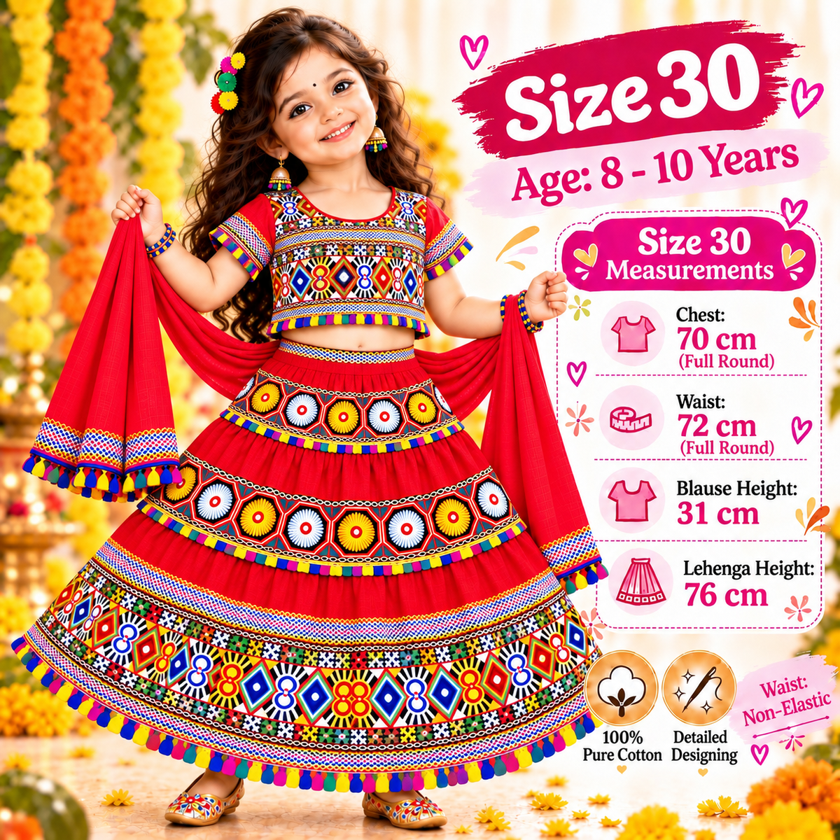 Girls Red Traditional Cotton Lehenga Choli Set with Black Dupatta