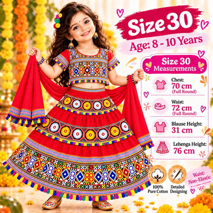 Girls Red Traditional Cotton Lehenga Choli Set with Black Dupatta