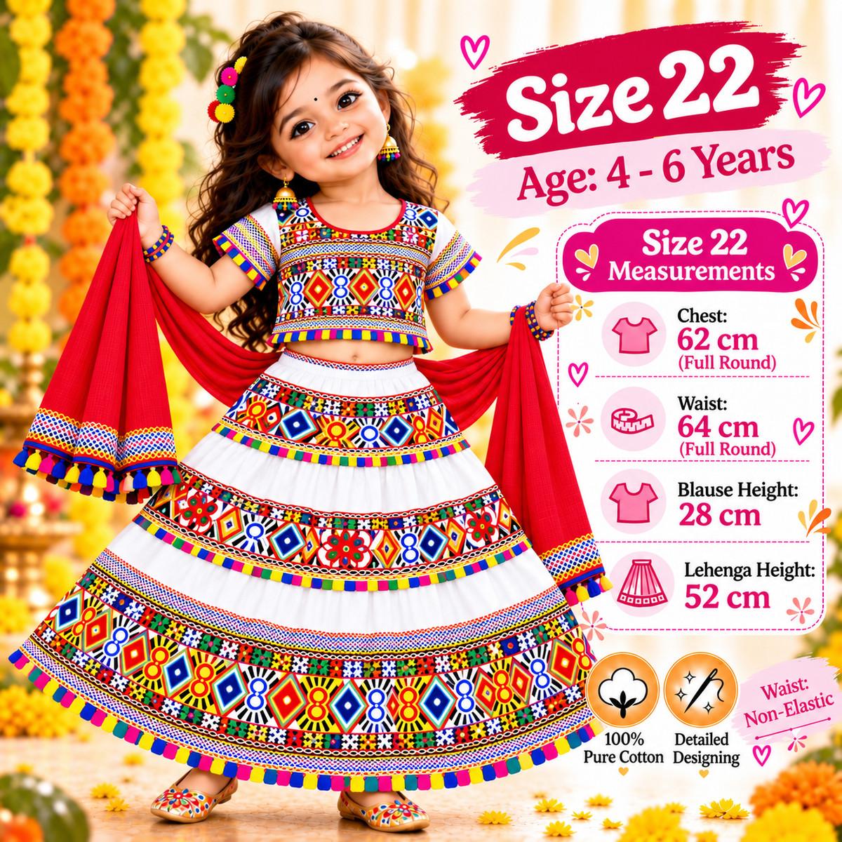 Girls White Traditional Cotton Lehenga Choli Set with Maroon Dupatta