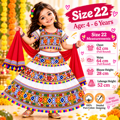 Girls White Traditional Cotton Lehenga Choli Set with Maroon Dupatta