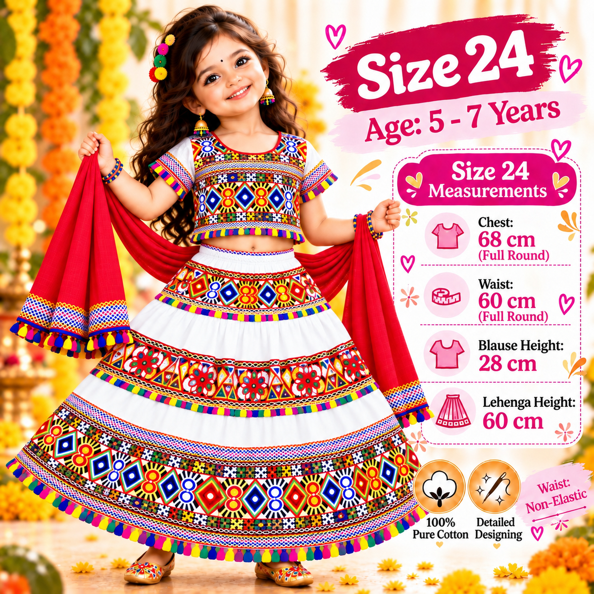 Girls White Traditional Cotton Lehenga Choli Set with Maroon Dupatta