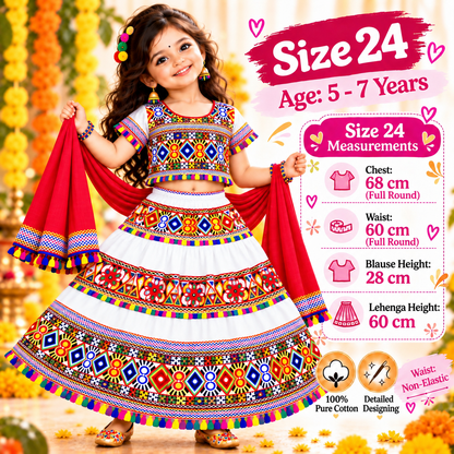 Girls White Traditional Cotton Lehenga Choli Set with Maroon Dupatta