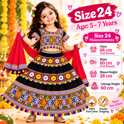 Girls Black Traditional Cotton Lehenga Choli Set with Red Dupatta