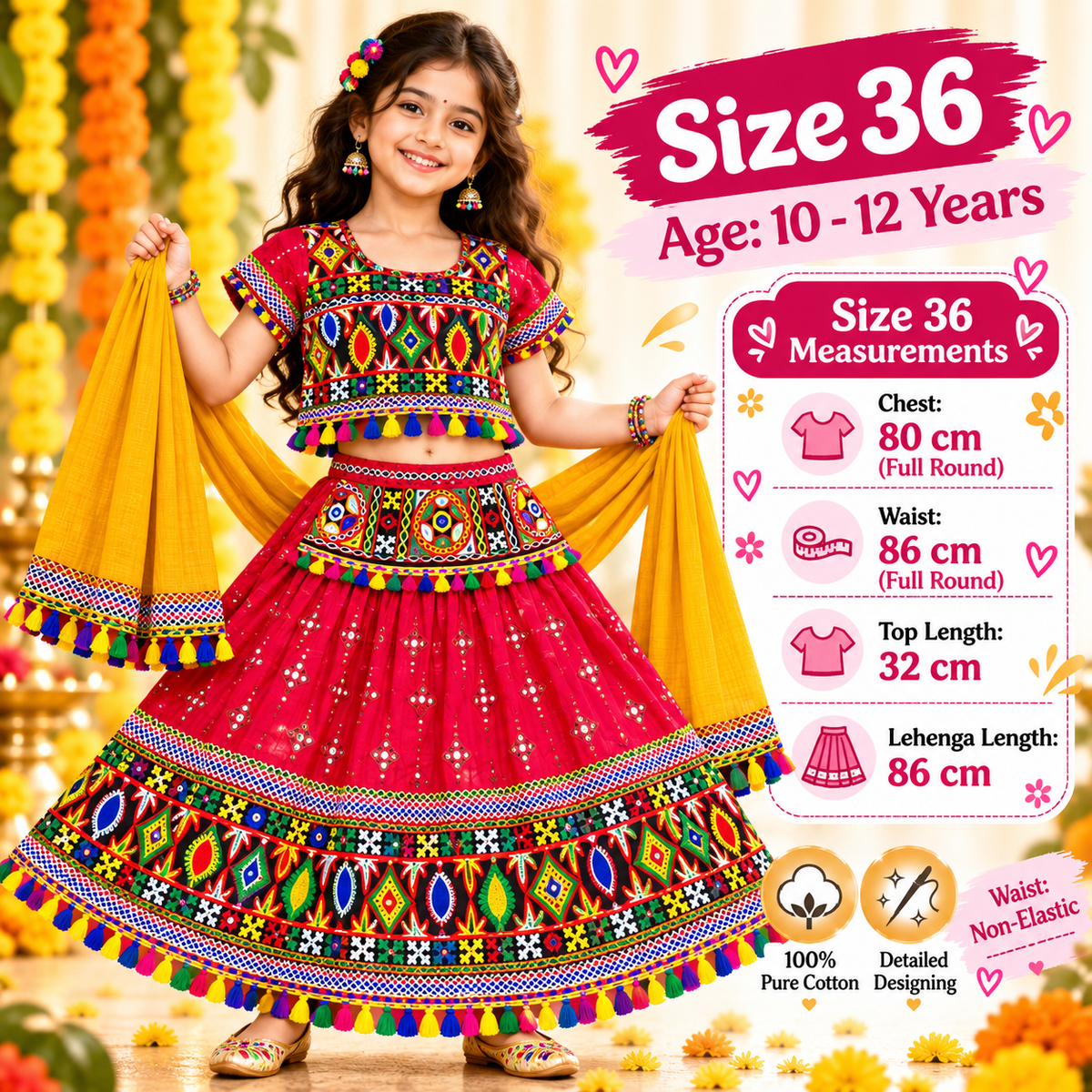 Girls Red Traditional Lehenga Choli Set with Mustard Yellow Dupatta – 100% Pure Cotton