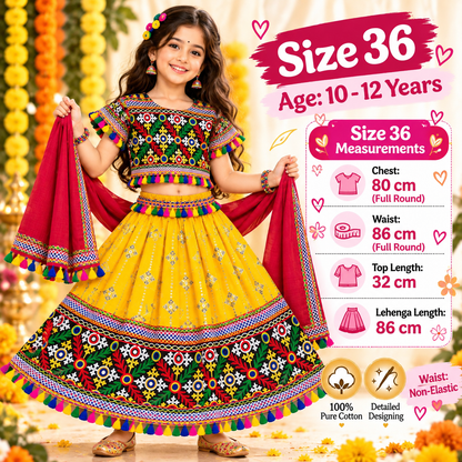 Girls Yellow Traditional Lehenga Choli Set with Red Dupatta – 100% Pure Cotton Festive Wear