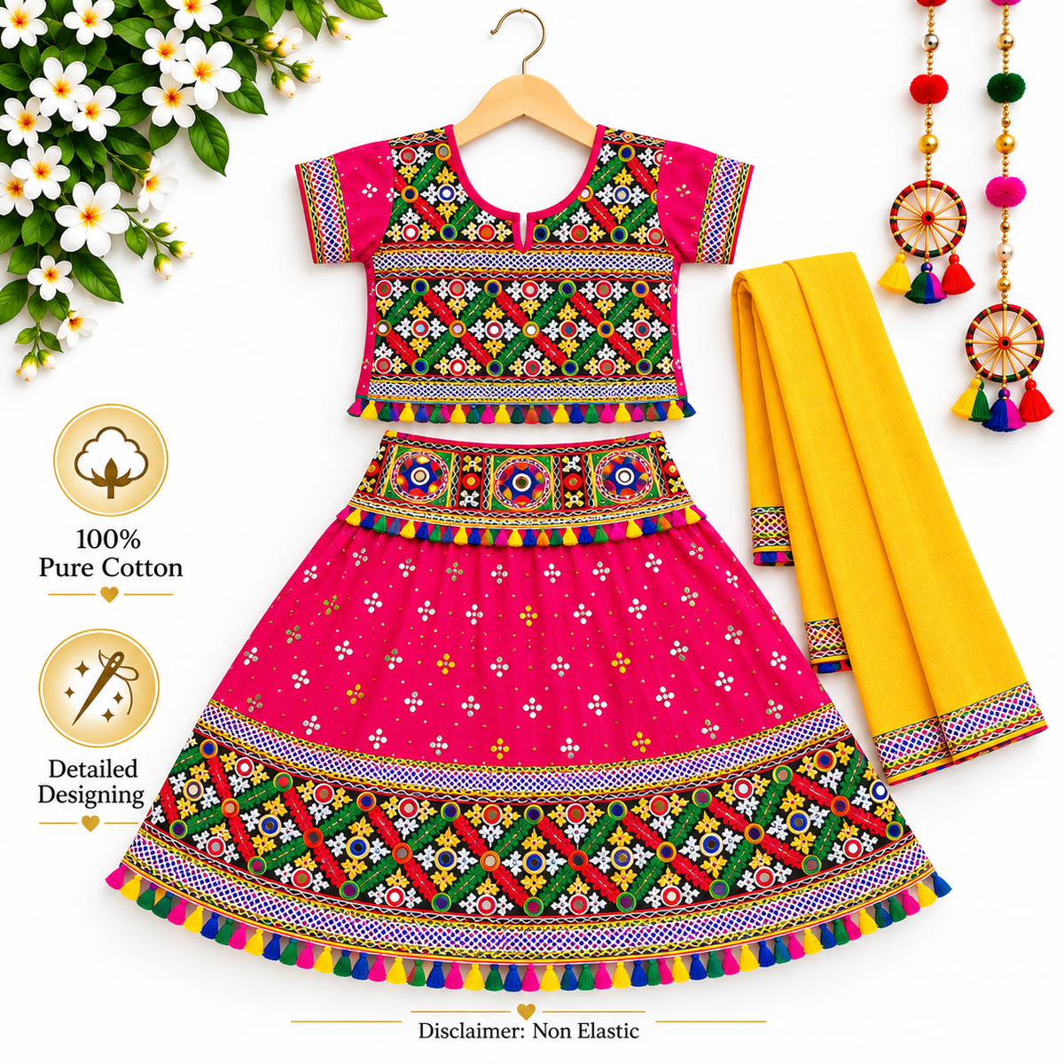 Girls Pink Multicolor Pure Cotton Garba Lehenga Choli Set with Yellow Dupatta