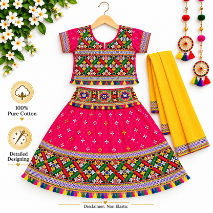 Girls Pink Multicolor Pure Cotton Garba Lehenga Choli Set with Yellow Dupatta