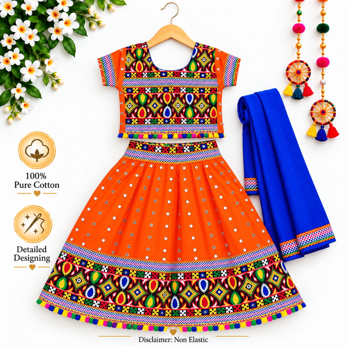 Girls Orange Multicolor Pure Cotton Garba Lehenga Choli Set with Royal Blue Dupatta